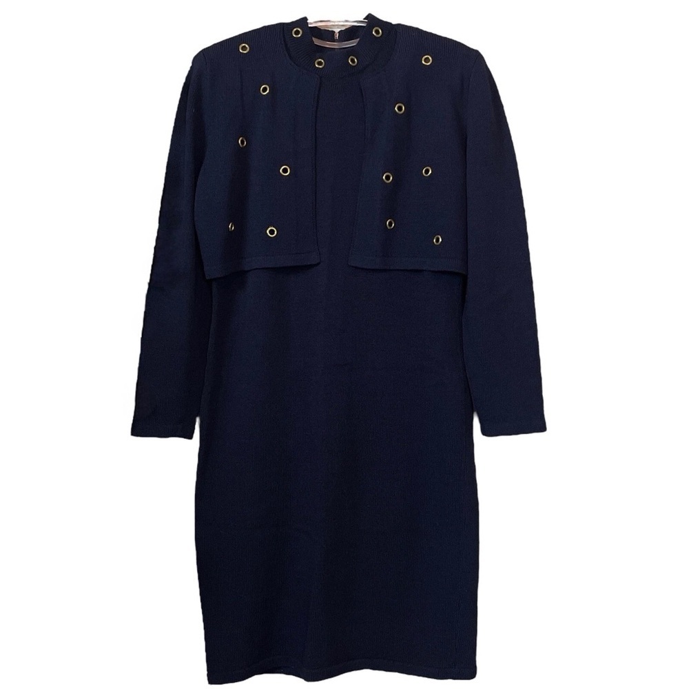 Vtg Fianona Knit 2 Pc Set Jacket Dress Grommet Studded Navy Blue Gold Size M
